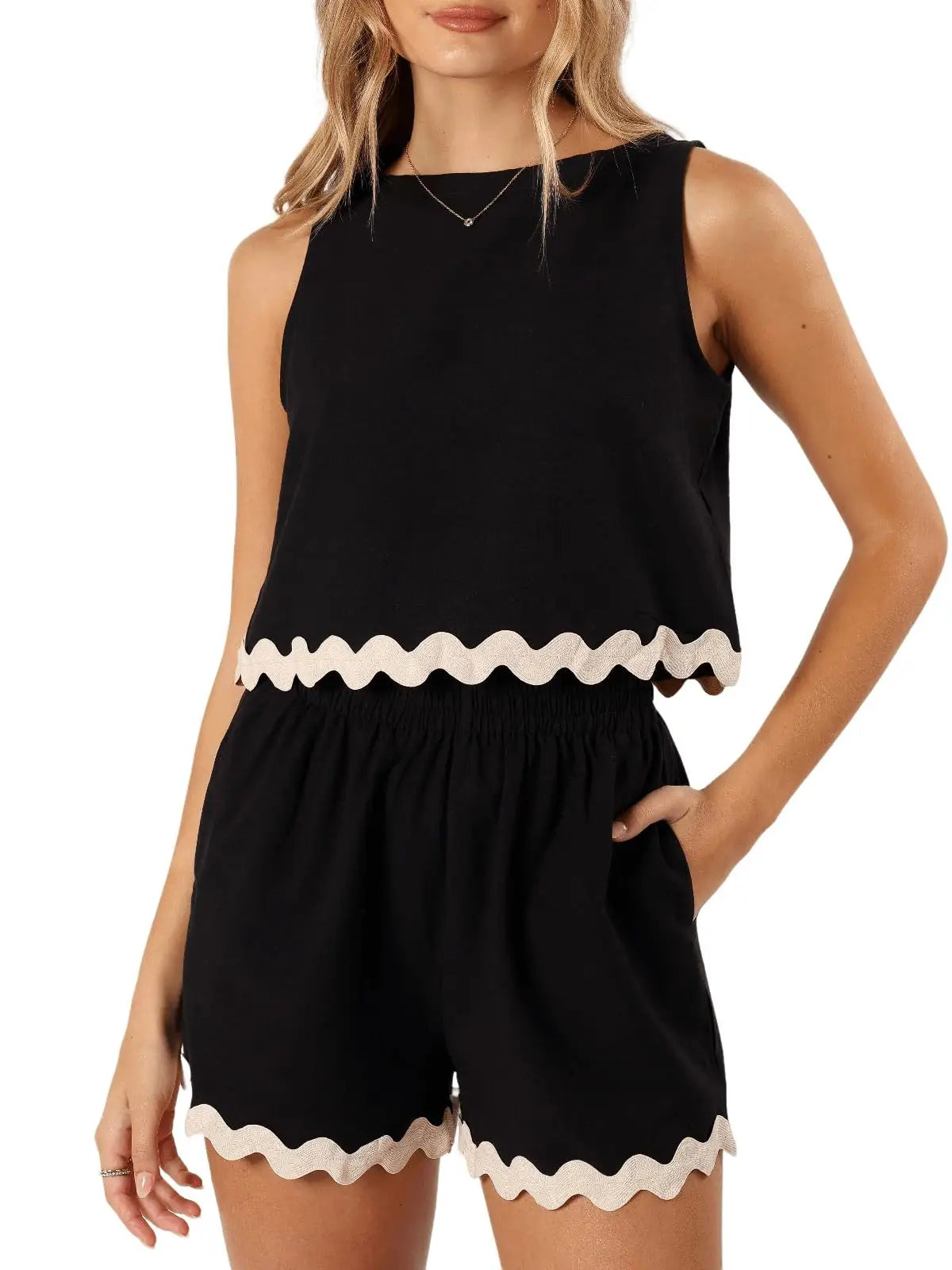 Linen Lace Two-Piece Set - Summer Crew Neck Vest & Shorts