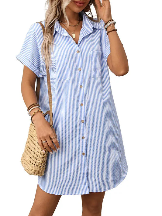 Striped Cotton Linen Shirt Dress