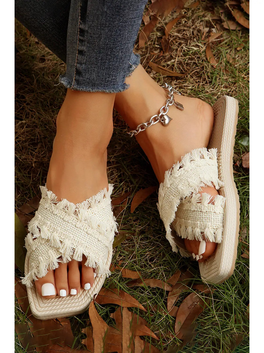 Beige Tassel Woven Crossed Straps Flat Slippers