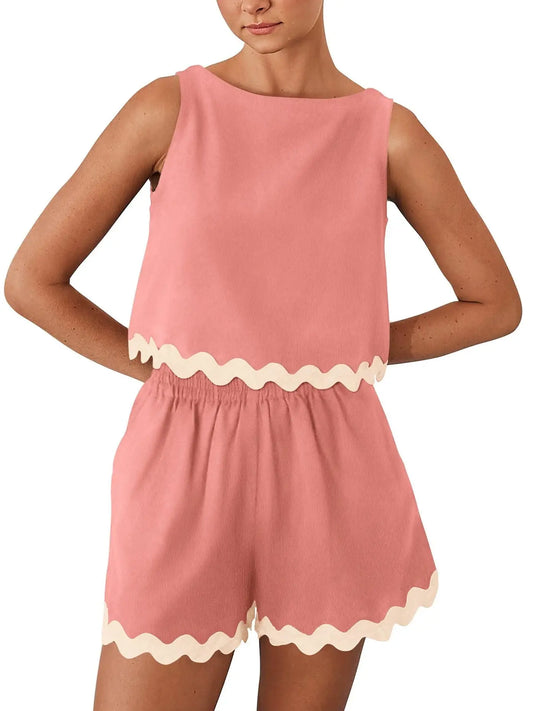 Linen Lace Two-Piece Set - Summer Crew Neck Vest & Shorts