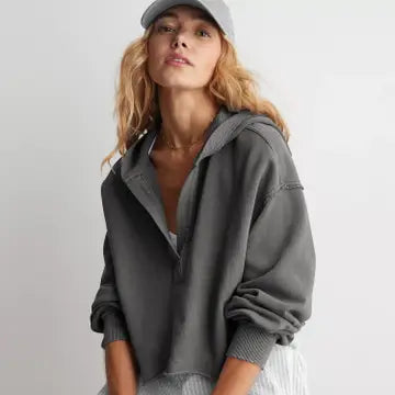 V-Neck Hooded Pullover Sweater Loose Fit Long Sleeve Top