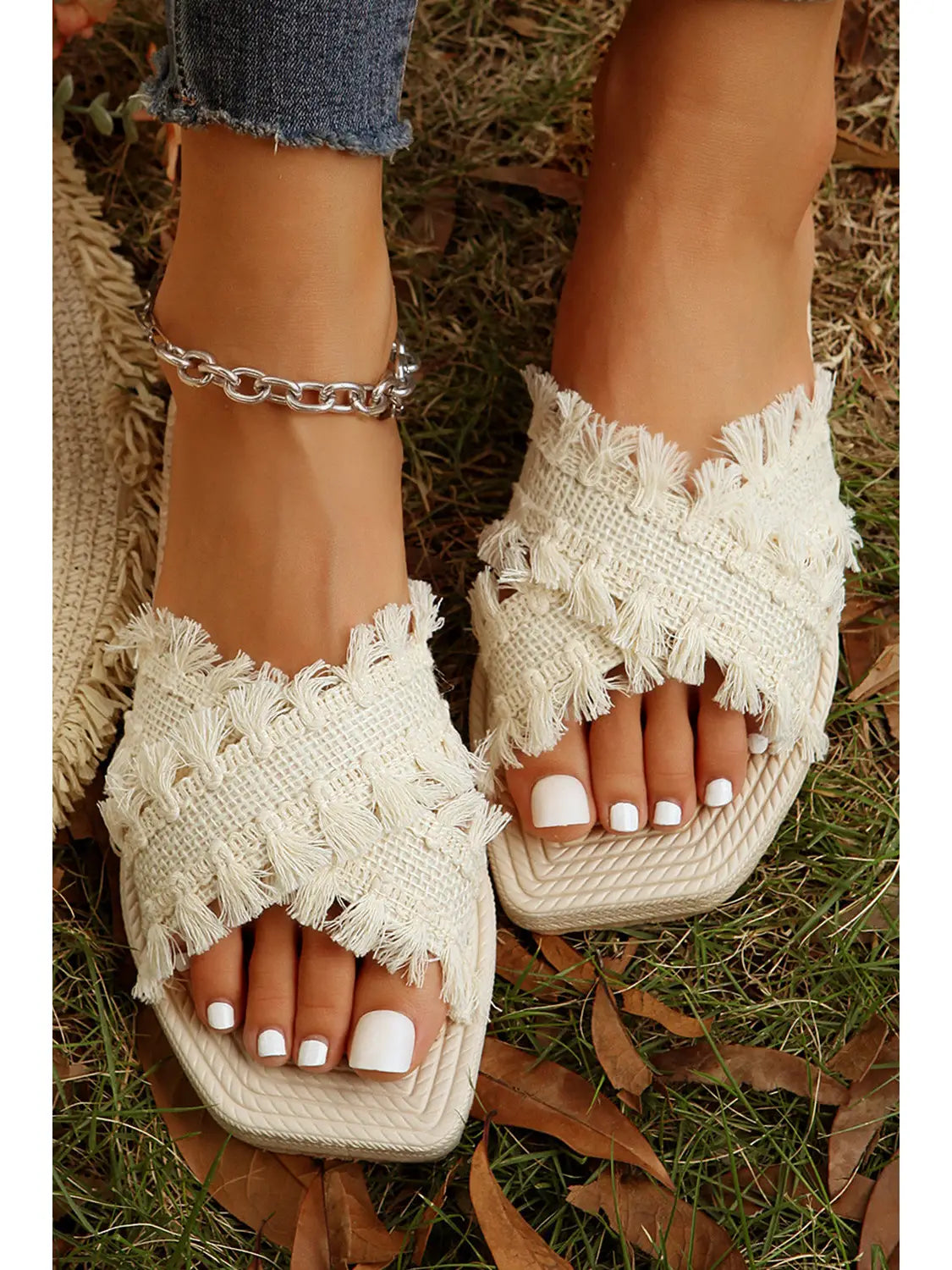 Beige Tassel Woven Crossed Straps Flat Slippers